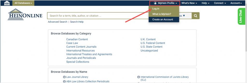 Log in option under MyHein drop-down menu on HeinOnline welcome page