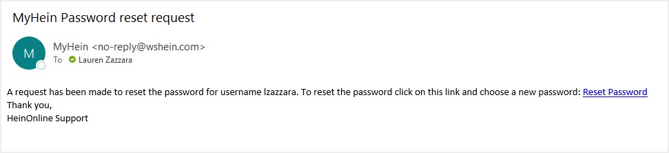 MyHein password reset email