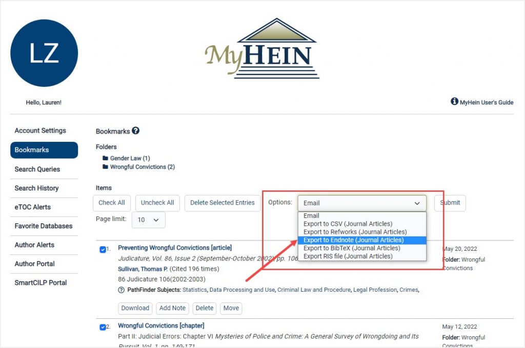 Export to Endnote option within Bookmarks tab in MyHein