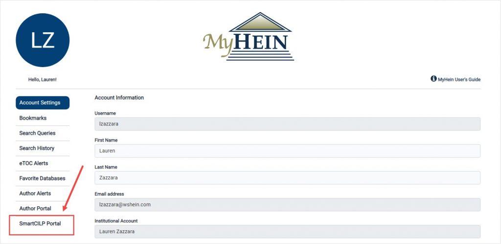 MyHein account highlighting SmartCILP Portal option