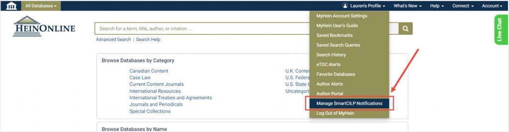 MyHein drop-down on HeinOnline Welcome Page highlighting Manage SmartCILP Notifications option