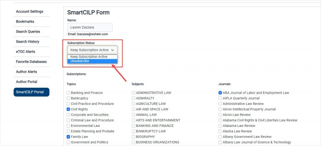 screenshot of SmartCILP form highlighting Unsubscribe option