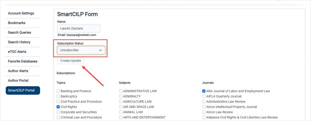 SmartCILP Form highlighting Create/Update option