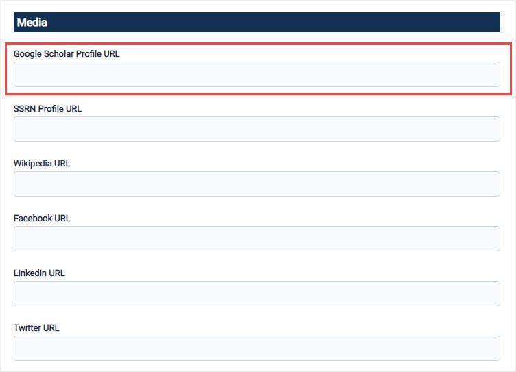 Media section of Author Portal highlighting Google Scholar Profile URL
