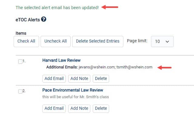 image of email address listed under etoc alert in MyHein