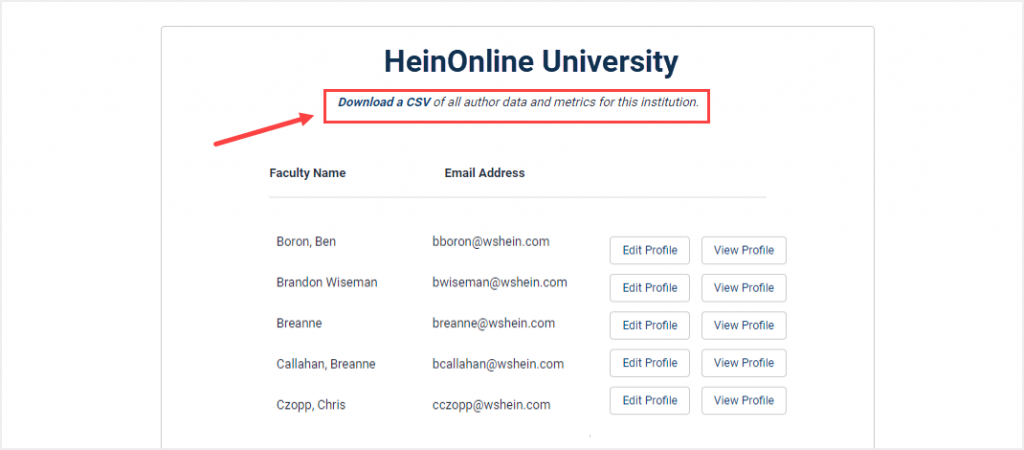 screenshot of MyHein account highlighting Download a CSV link