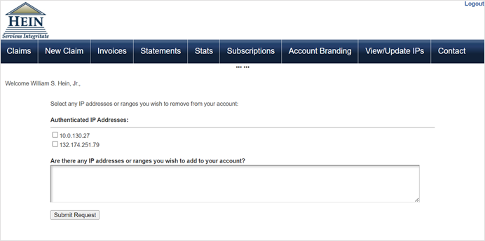 image of HeinOnline's customer service portal showcasing the ability to view and edit IP addresses