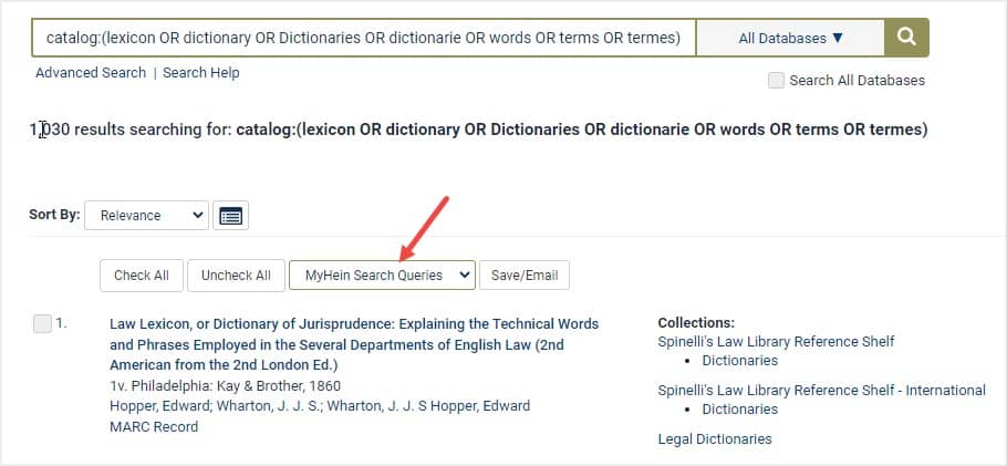 image of MyHein Search Queries button in HeinOnline