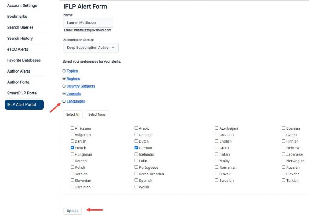 image of preferences within the IFLP Alert Portal in MyHein