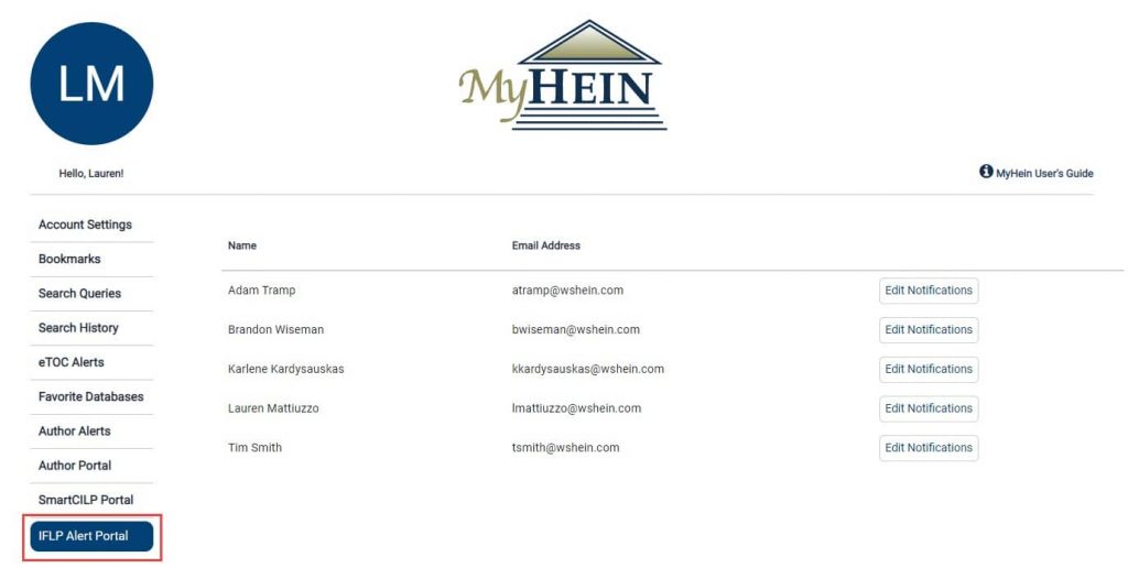 image of MyHein interface where the IFLP Alert Portal is located