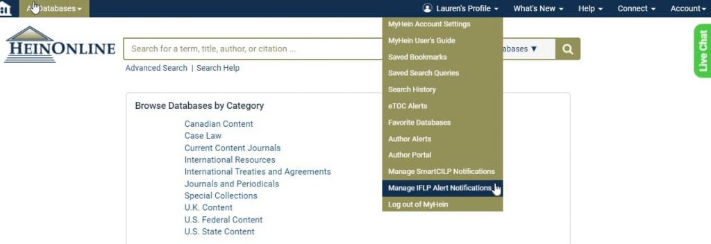 image of drop-down menu for MyHein within HeinOnline interface
