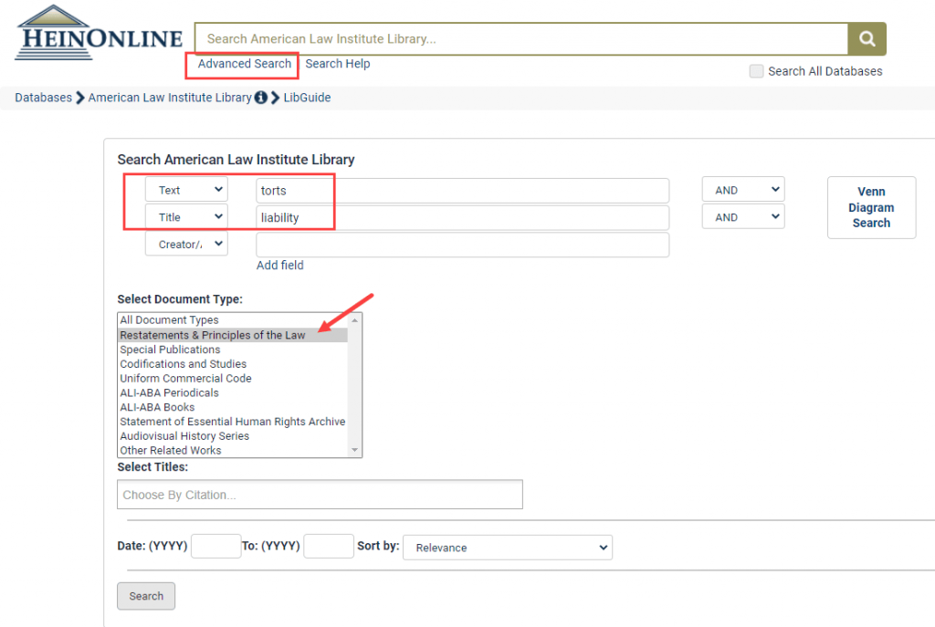 image of Advanced Search within the American Law institute library