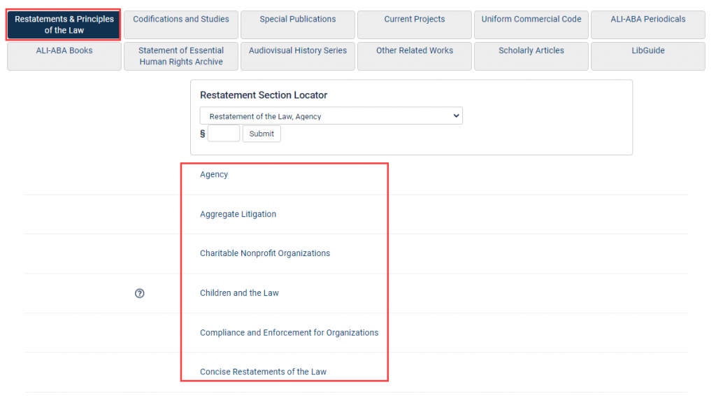 image of American Law Institute Library homepage listing of restatements