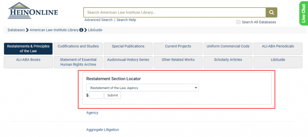 image of restatement section locator tool in the American Law Institute Library database