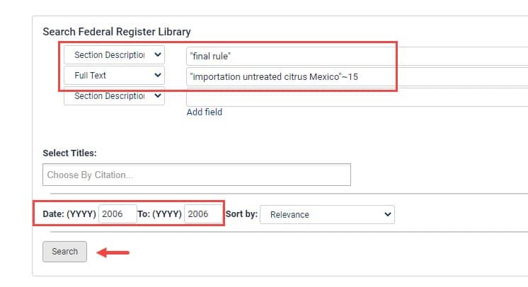 image of an advanced search in the Federal Register