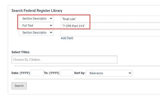 image of an advanced search in the Federal Register using a CFR citation