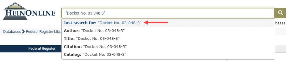 image of a one-box search for a docket number in the Federal Register