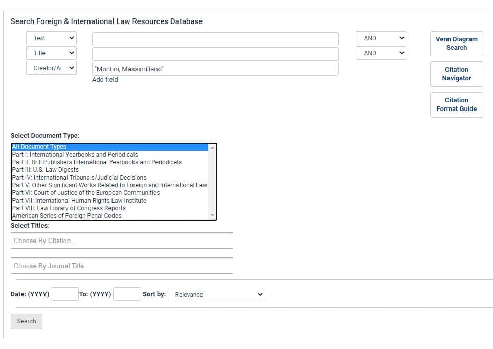 screenshot of Advanced Search for document creator/author in Foreign & International Law Resources Database
