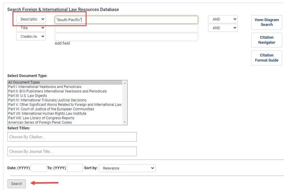 Advanced search by description in Foreign & International Law Resources Database