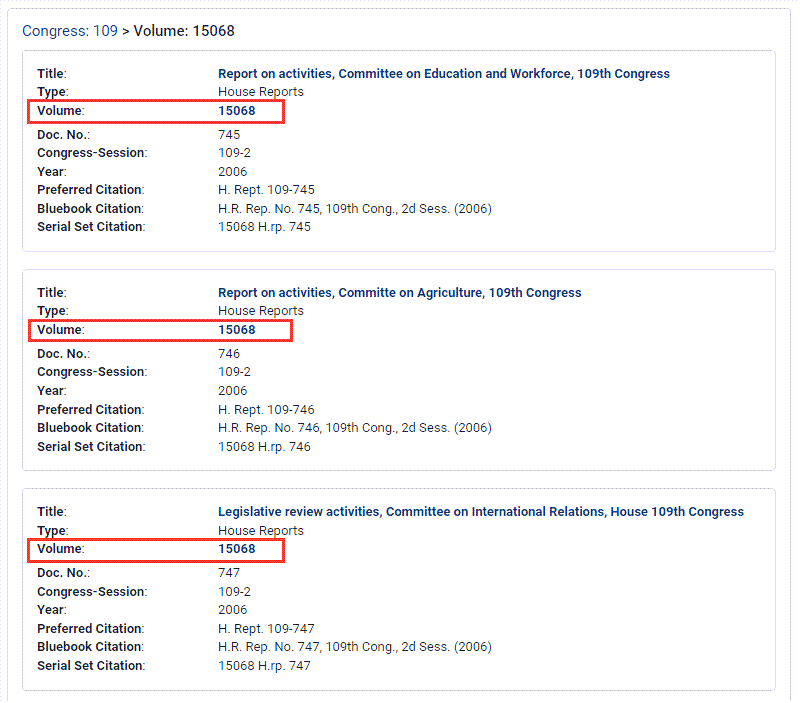 image of document listing for a volume within the Serial Set