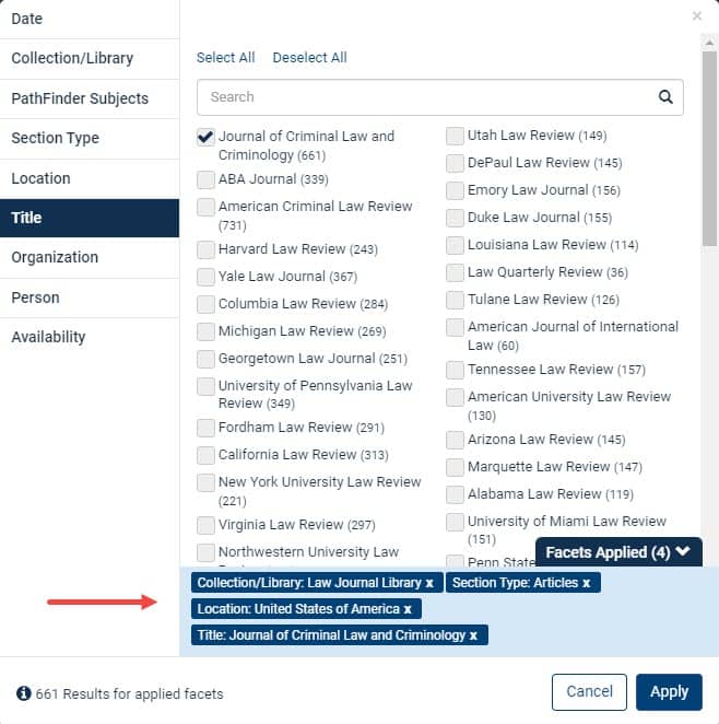 image of facets selected when refining a search in HeinOnline