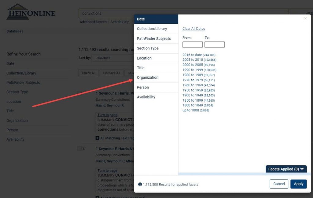 image of faceting selector tool in HeinOnline