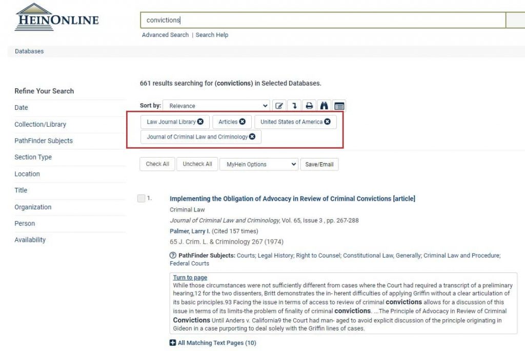 image of facets showing under the Sort by options within a HeinOnline results page