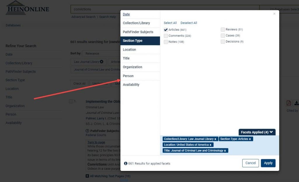 image of the faceting tool within HeinOnline being re-selected