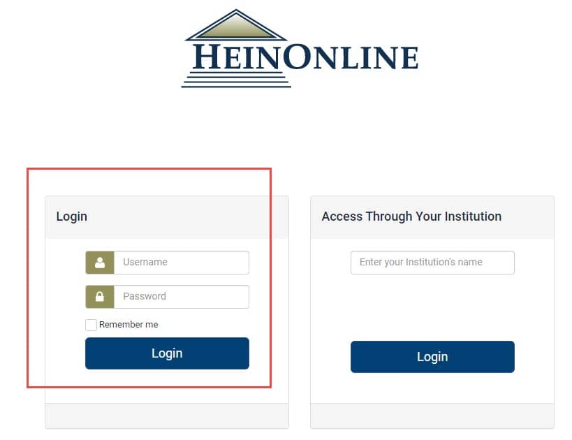 image of the HeinOnline login page