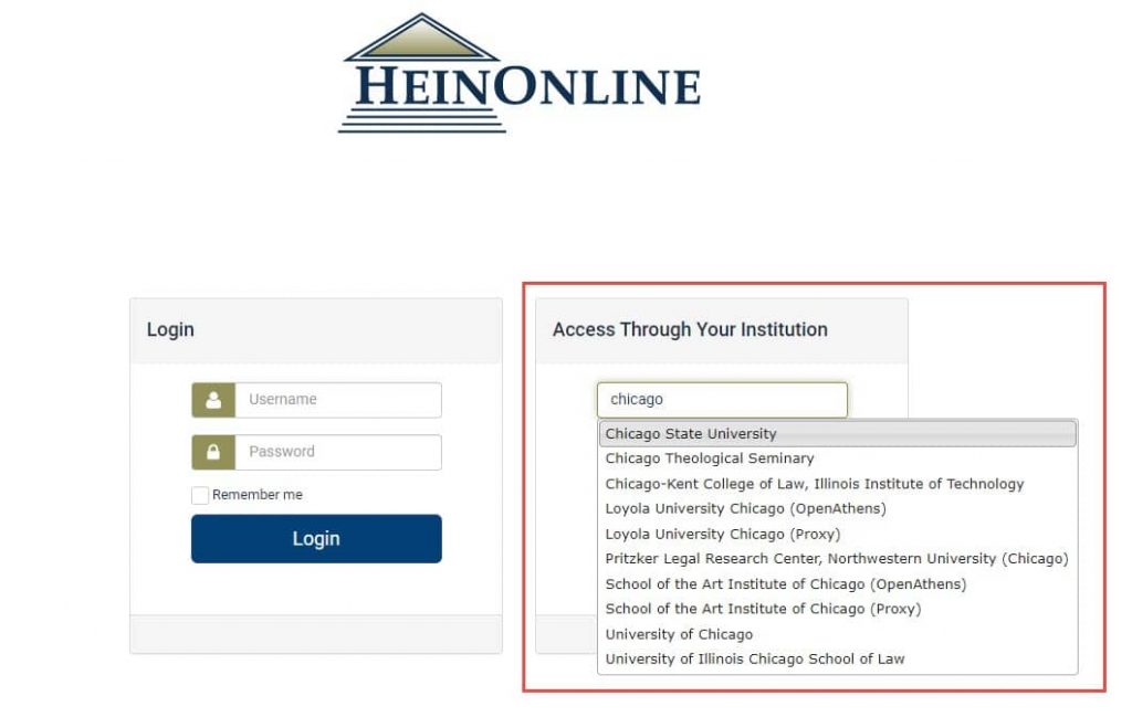 image of the ability to access HeinOnliner remotely from the login page