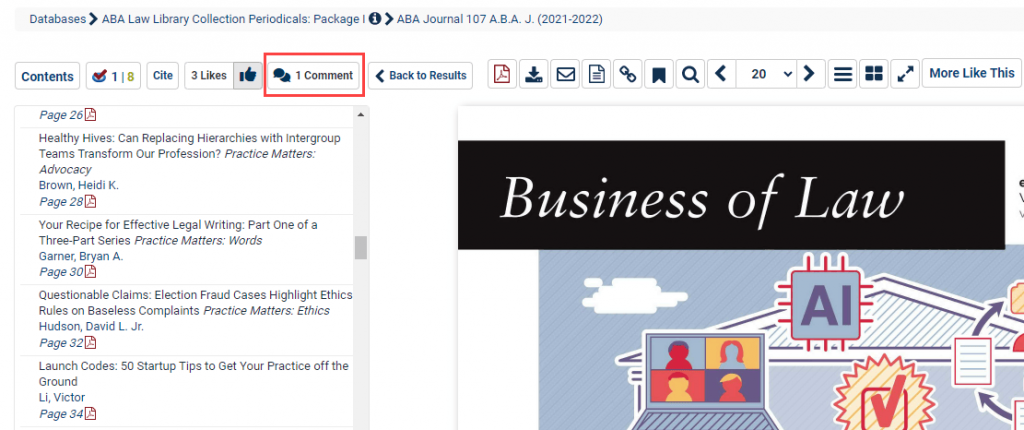 image of the Comment icon shaped like quote boxes when viewing an article in the Law Journal Library 