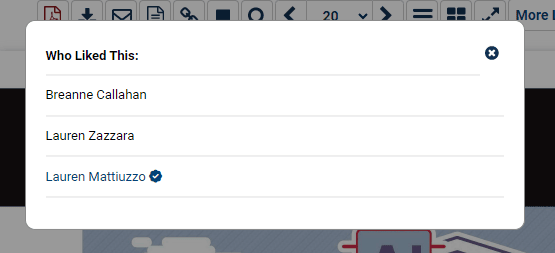 image of a verified author's name in a list of people who have liked an article
