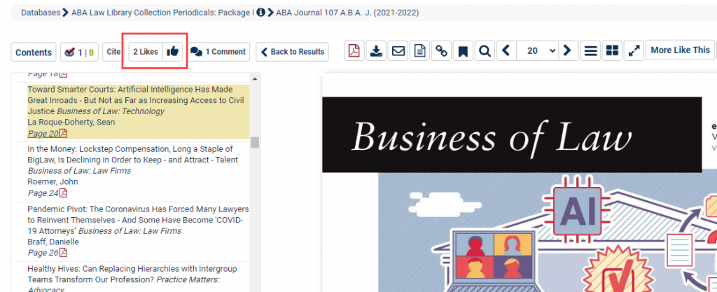 image of likes when viewing an article in the Law Journal Library 