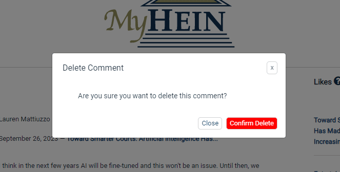 image of a pop-up to confirm whether or not you want to delete a comment or unlike an article. 