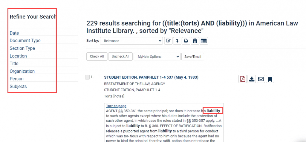 screenshot search results in American Law Institute Library, highlighting boldfaced matching text and search refine options