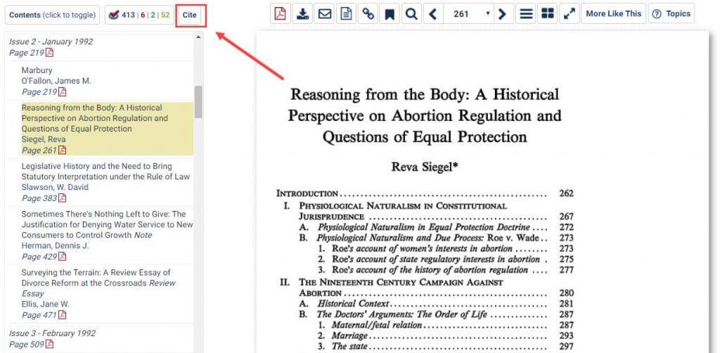 Screenshot of article in the Law Journal Library featuring the Cite button