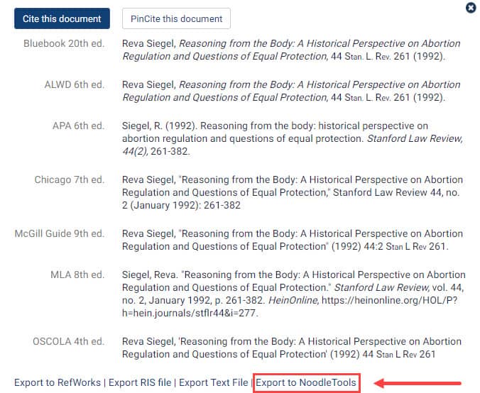 Screenshot of HeinOnline citations featuring the export to NoodleTools link