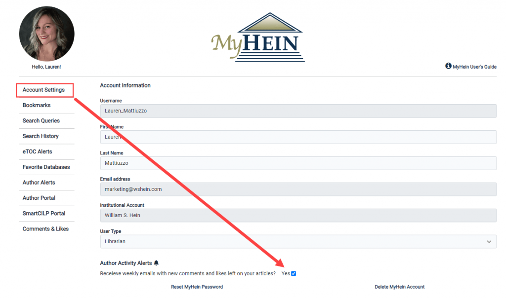 image of account settings in an author's MyHein where you can turn off author alerts.