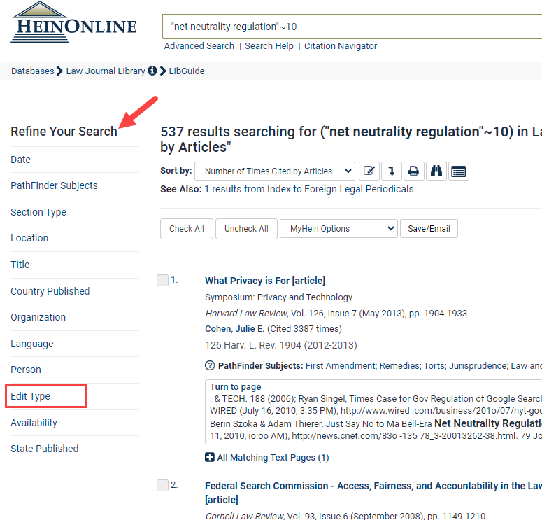 image of refining results by edit type in the Law Journal Library