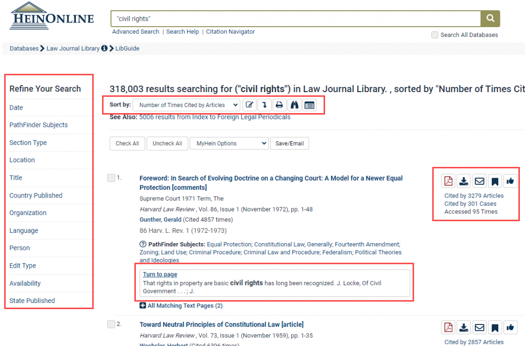 screenshot of search results in Law Journal Library