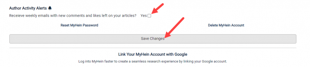 image of account settings in an author's MyHein portal that allows t hem to turn off notifications for commenting/liking