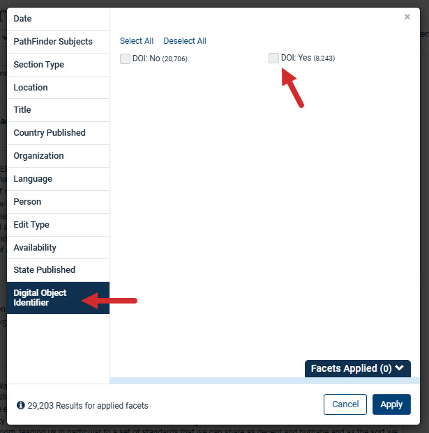 image of the faceting tool where users can refine by DOI