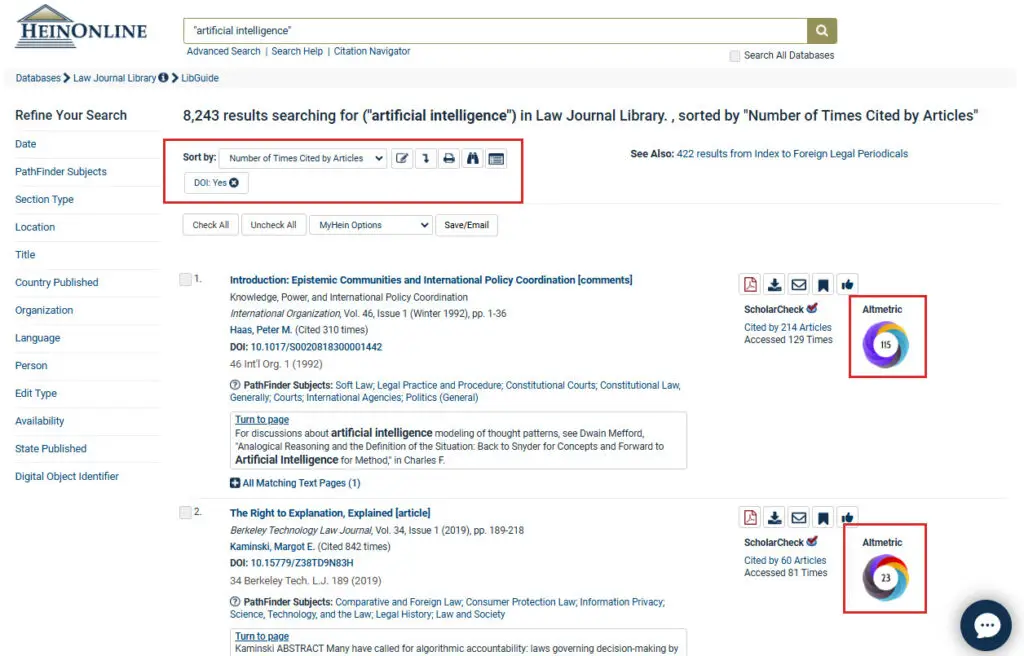 image of search results in HeinOnline displaying Altmetric badges