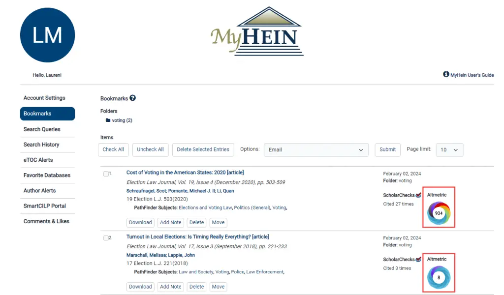 image of Altmetric badges found within Bookmarks of a MyHein profile in HeinOnline