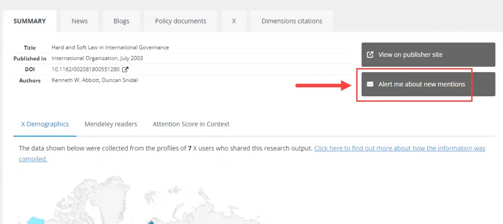 image of an Altmetric Attention Score page that shows where users can sign up for email alerts