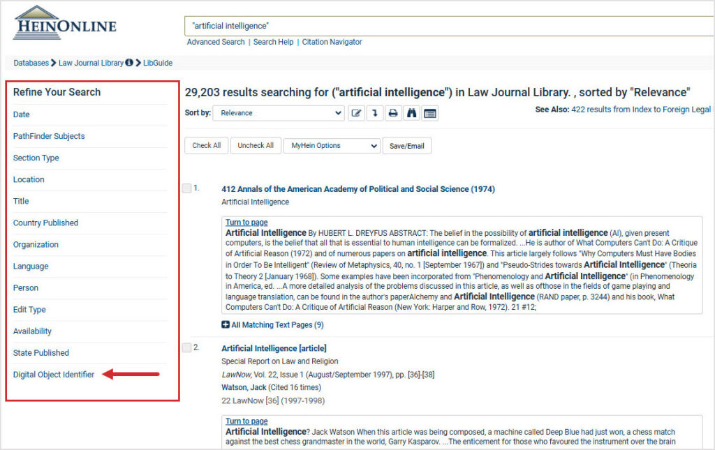 image of HeinOnline's faceting tool