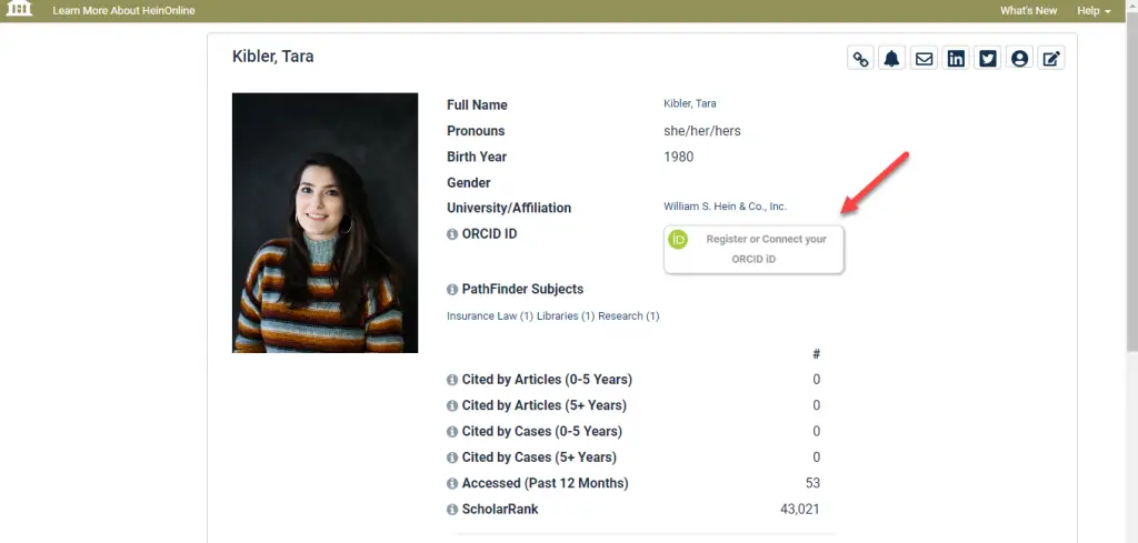 image of an author profile page pointing to the button to register an ORCiD iD