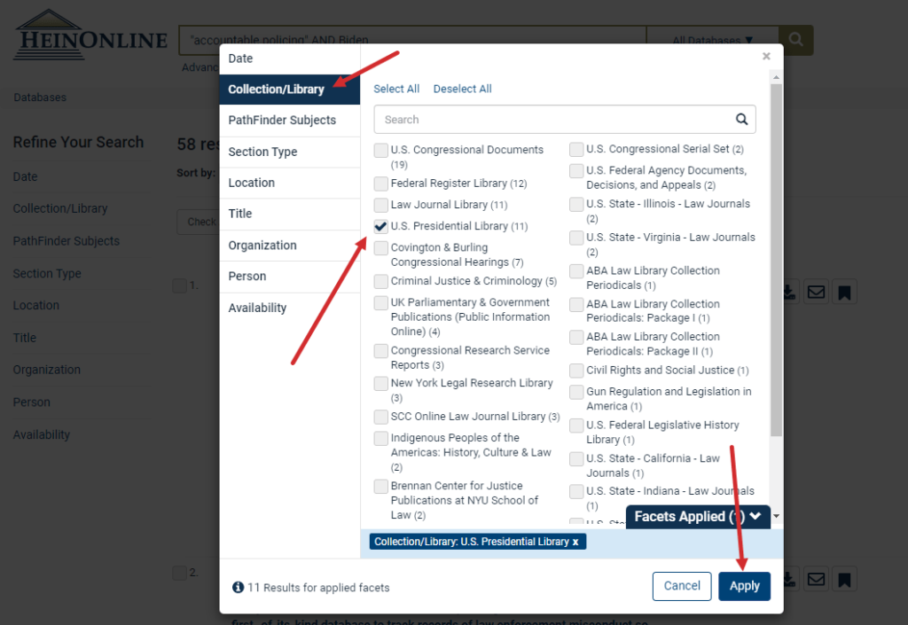 screenshot of search facets highlighting Collection/Library and selection of U.S. Presidential Library