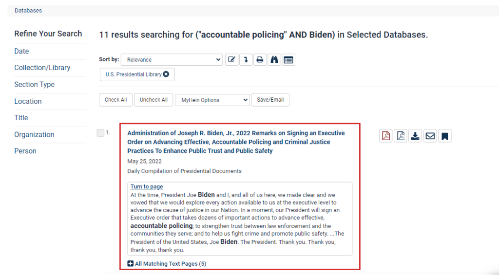 screenshot of search results for "accountable policing" AND Biden in U.S. Presidential Library