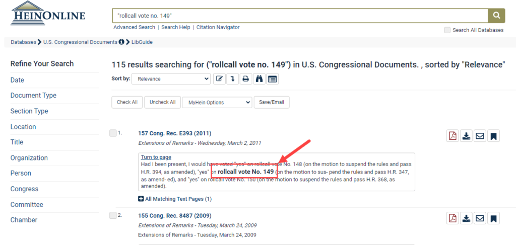 screenshot of matching text shown in HeinOnline search results